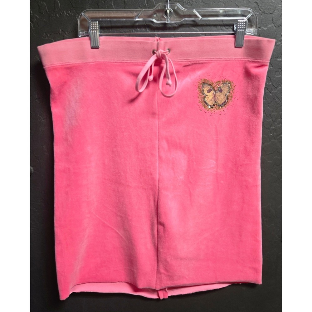 Pink Velour Butterfly Mini Skirt Sequin Glitter Y2K Aesthetic Drawstring Waist